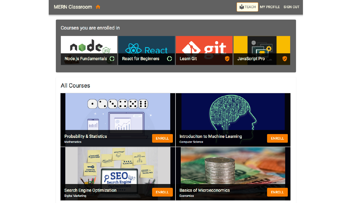 An online school inteface displaying courses, and enrollment.